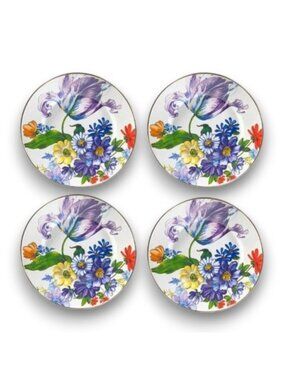 4 MacKenzie-Childs Flower Market Dinner Plates 10" Hand Painted Enamel - NEW